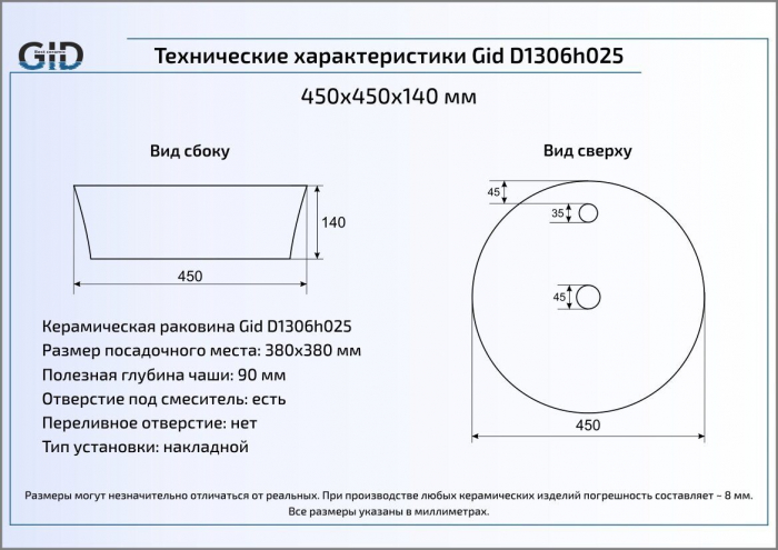 Раковина накладная GID D1306h025 44х44 53318 Белый / Золото. Фото