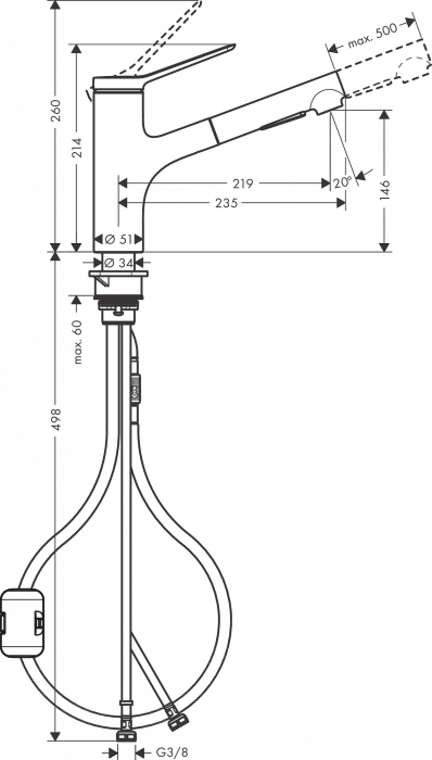 Смеситель для кухни Hansgrohe Zesis M33 74800000 с выдвижным изливом. Фото