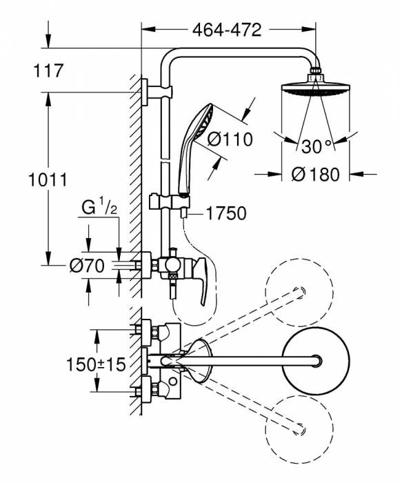 GROHE 27473000 Euphoria Душевая система с однорычажным смесителем для душа 450 мм 9,4л. Фото