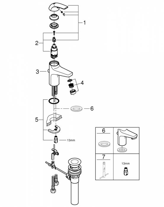 GROHE 32805000 BauCurve Смеситель однорычажный для раковины со сливным гарнитуром. Фото
